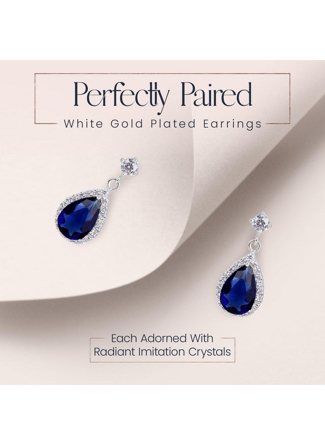 Crystalline Azuria Teardrops Blue Simulated Sapphire Zirconia Crystals Set Pendant Necklace 18 Inches Earrings18K White Gold Plated For Women  - Image 5