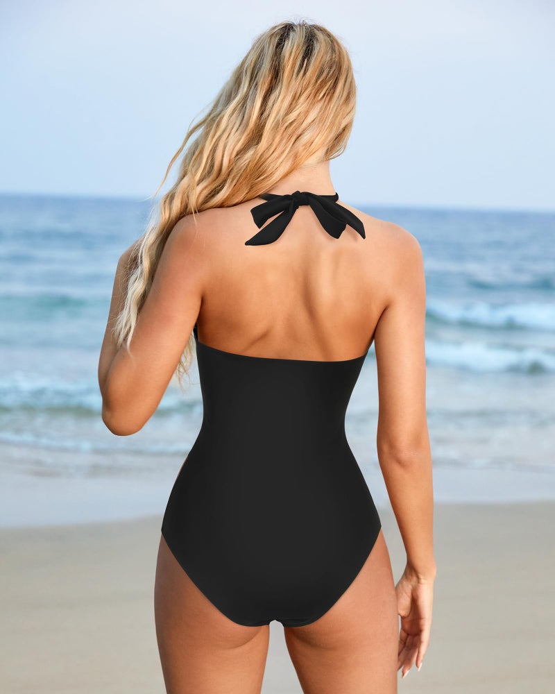 SUUKSESS Women Sexy Tummy Control One Piece Swimsuits Halter Push Up Monokini Bathing Suits (Black, M) - Image 3