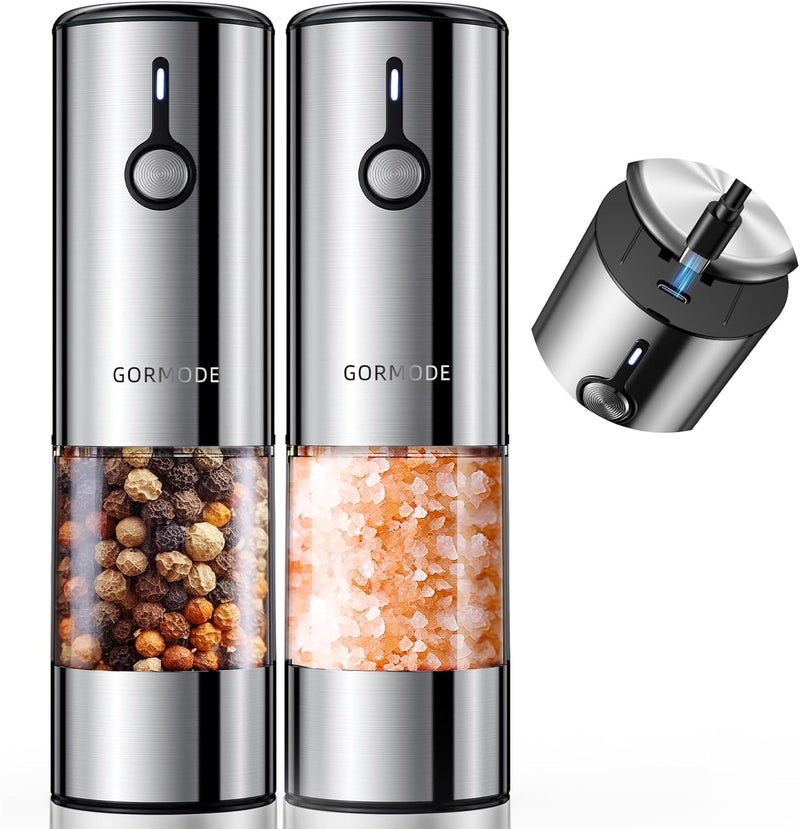 GORMODE Electric Pepper Grinder and Salt Mill Set - Large Capacity USB Rechargeable Automatic Grinder with Dual LED Lights, One-Handed Operation & Slide Cover - Brushed Stainless Steel - Image 1