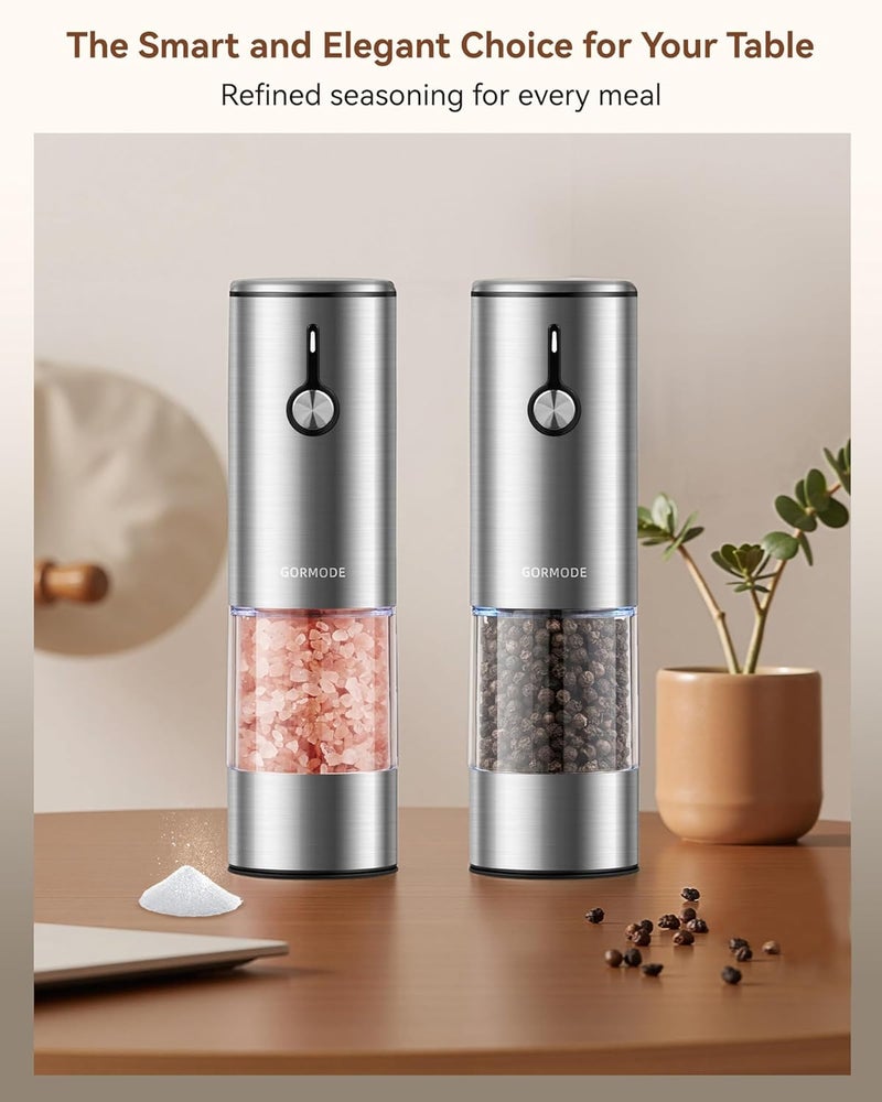 GORMODE Electric Pepper Grinder and Salt Mill Set - Large Capacity USB Rechargeable Automatic Grinder with Dual LED Lights, One-Handed Operation & Slide Cover - Brushed Stainless Steel - Image 4