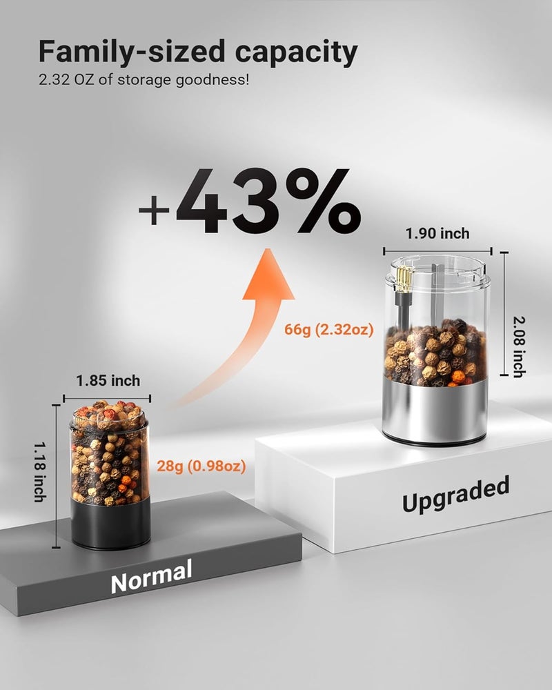 GORMODE Electric Pepper Grinder and Salt Mill Set - Large Capacity USB Rechargeable Automatic Grinder with Dual LED Lights, One-Handed Operation & Slide Cover - Brushed Stainless Steel - Image 3
