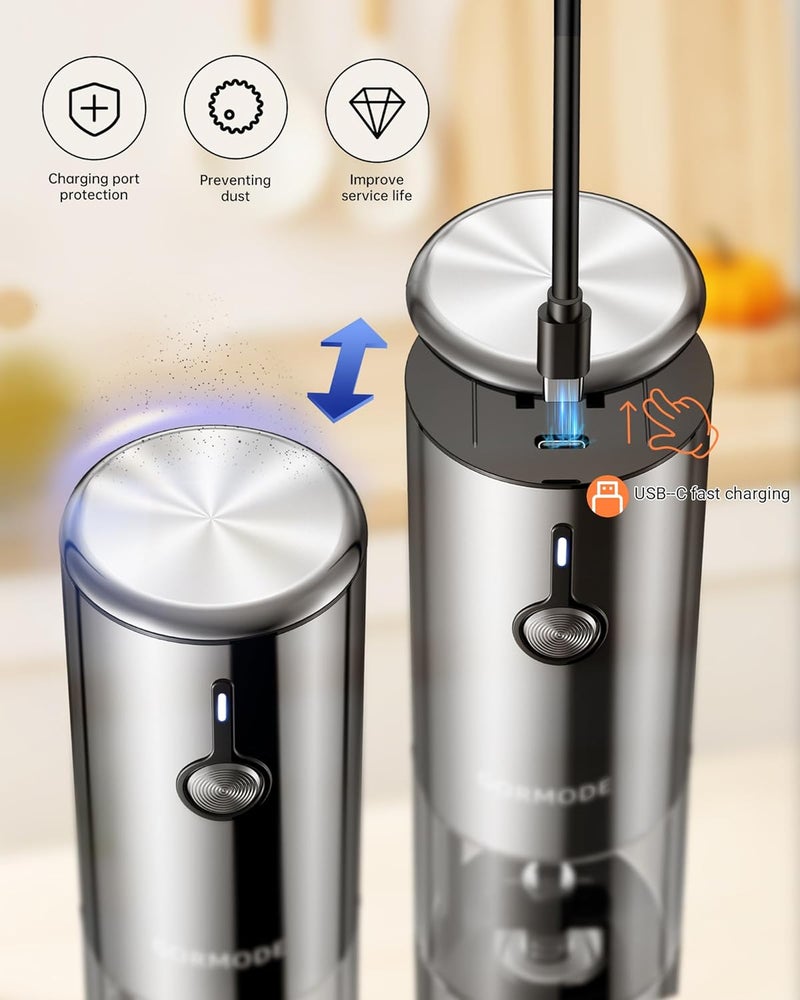 GORMODE Electric Pepper Grinder and Salt Mill Set - Large Capacity USB Rechargeable Automatic Grinder with Dual LED Lights, One-Handed Operation & Slide Cover - Brushed Stainless Steel - Image 2