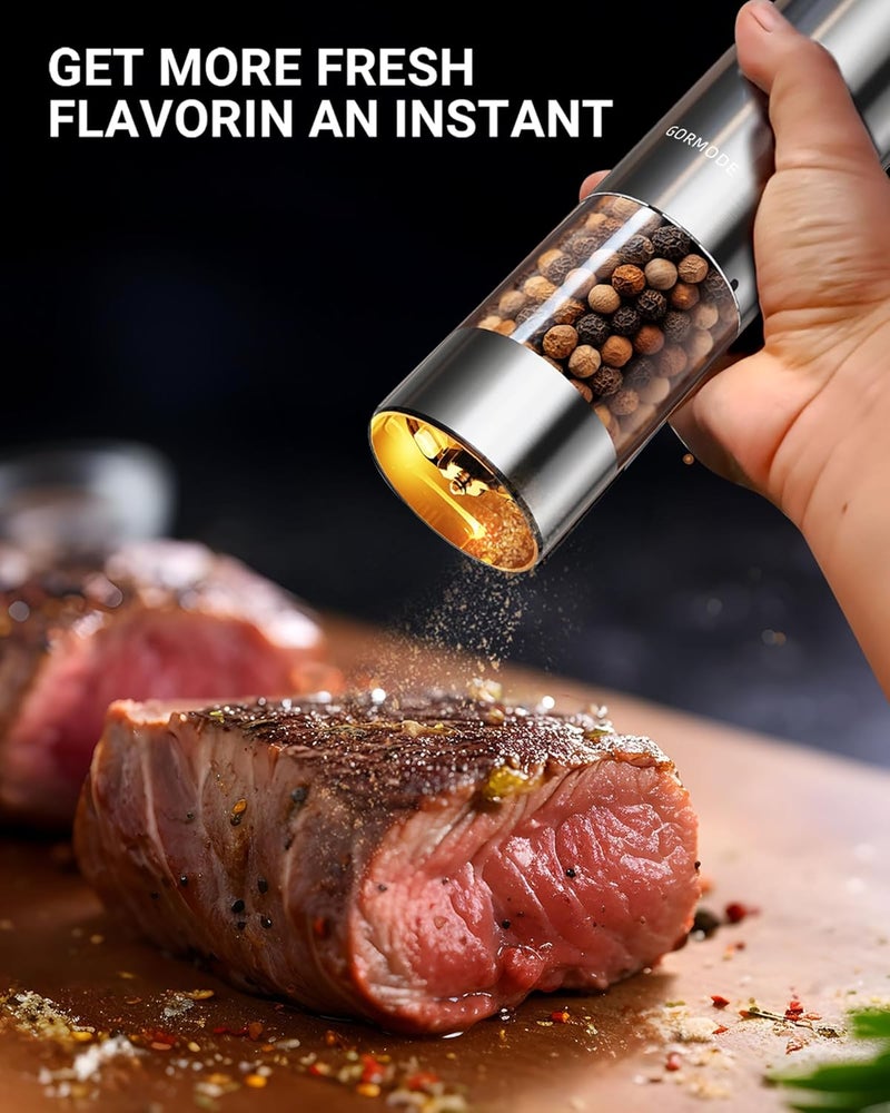 GORMODE Electric Pepper Grinder and Salt Mill Set - Large Capacity USB Rechargeable Automatic Grinder with Dual LED Lights, One-Handed Operation & Slide Cover - Brushed Stainless Steel - Image 5