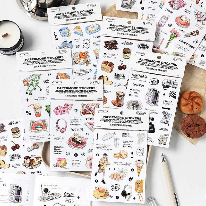 Maxleaf 12Sheets Vintage Adhesive Stickers for Scrapbook Decoration, Retro Foods Bread Fruits Bagel Convenience Store Stickers for Daily Life Diary Album Decoration - Image 1