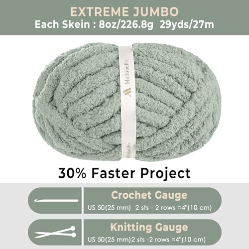Mellobello Jumbo Chunky Yarn for Hand Knitting - Super Thick Chenille Chunky Yarn for Crocheting - Extra Soft Bulky Fluffy Blanket Big Yarn 8 Jumbo Pack (27yds,8 oz Each Skein) Sage Green - Image 4