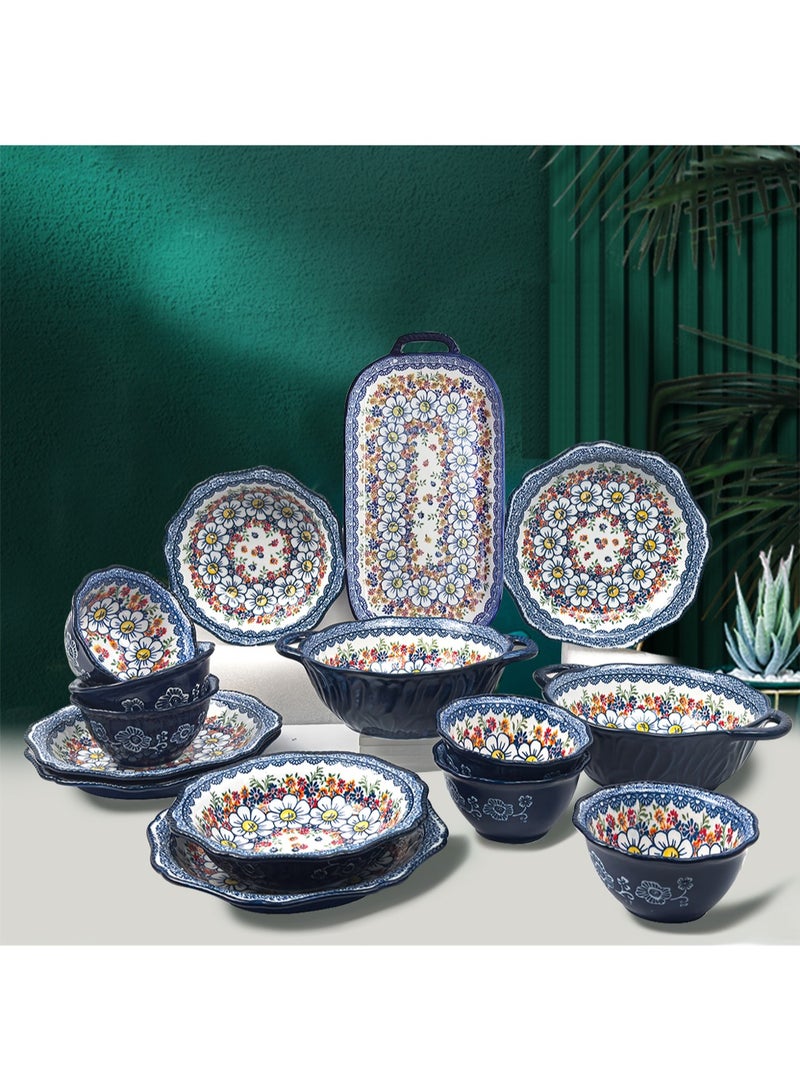 طقم أدوات مائدة للمطبخ مكون من 15 قطعة، طقم هدايا، على الطراز البوهيمي، طقم عشاء كلاسيكي فاخر وأنيق، آمن للاستخدام في الفرن وغسالة الأطباق والميكروويف - Image 4