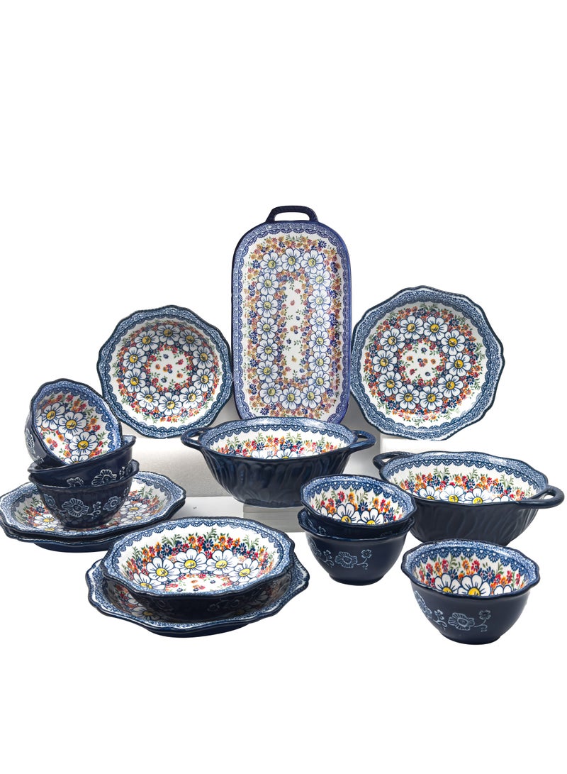 طقم أدوات مائدة للمطبخ مكون من 15 قطعة، طقم هدايا، على الطراز البوهيمي، طقم عشاء كلاسيكي فاخر وأنيق، آمن للاستخدام في الفرن وغسالة الأطباق والميكروويف - Image 1