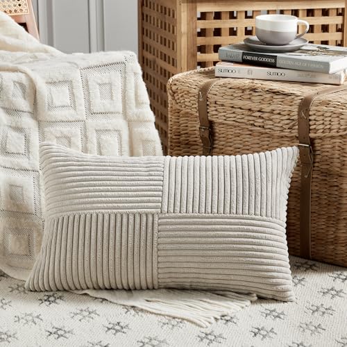 Fancy Homi 2 Packs Neutral Taupe Lumbar Decorative Throw Pillow Covers 12x20 Inch for Living Room Couch Bed Sofa Farmhouse Home Decor Soft Striped Corduroy Rectangle Accent Cushion Case 30x50 cm - Image 3