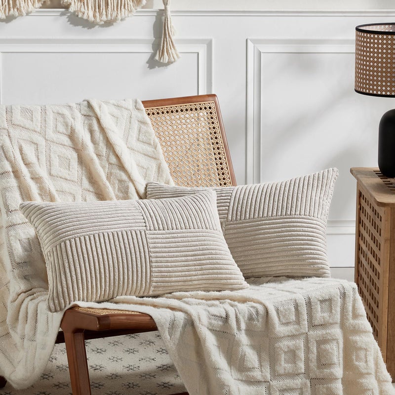 Fancy Homi 2 Packs Neutral Taupe Lumbar Decorative Throw Pillow Covers 12x20 Inch for Living Room Couch Bed Sofa Farmhouse Home Decor Soft Striped Corduroy Rectangle Accent Cushion Case 30x50 cm - Image 2