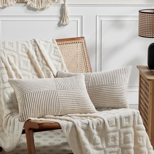 Fancy Homi 2 Packs Neutral Taupe Lumbar Decorative Throw Pillow Covers 12x20 Inch for Living Room Couch Bed Sofa Farmhouse Home Decor Soft Striped Corduroy Rectangle Accent Cushion Case 30x50 cm - Image 1