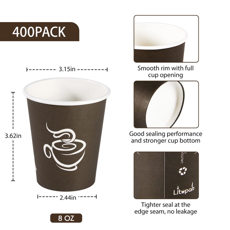 LITOPAK 400 Pack 8 oz Paper Cups, Brown Disposable Hot Coffee Cups for Party, Picnic, Travel, and Events - Image 2