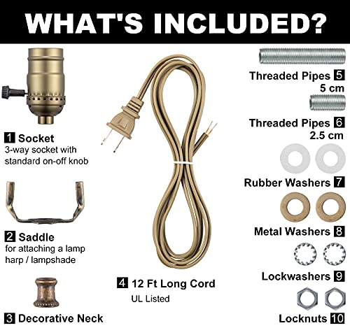 Qc Lamp Making Kit, Lamp Parts for Repair Replacement or Rewire Table and Floor Lamps, 3 Way Socket 12 Foot Matching Cord and Essential Hardware, DIY Lamp Kits for Do It Yourself (Antique Brass) - Image 2