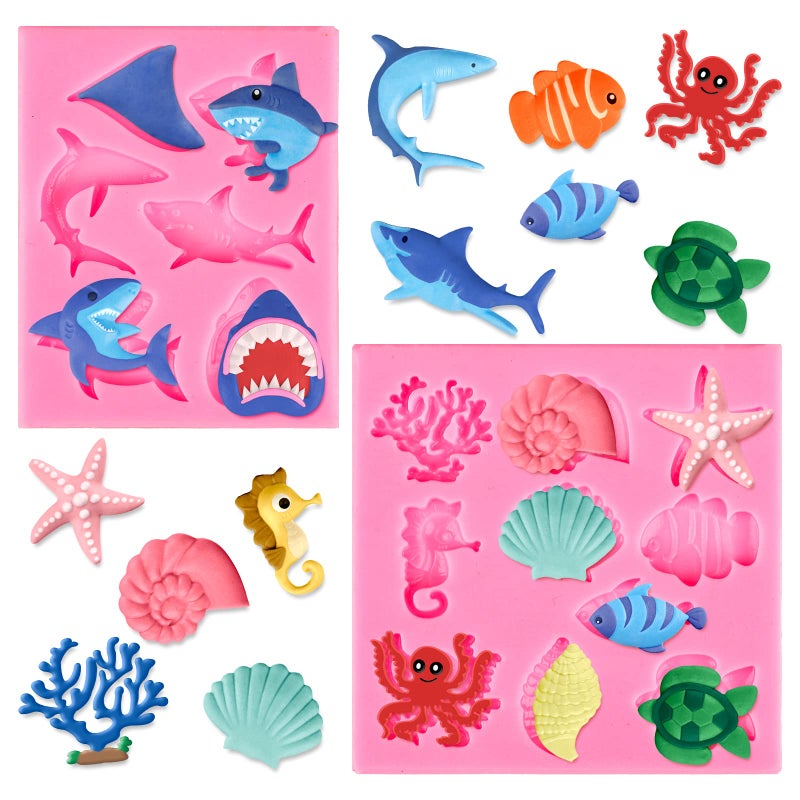 Whaline 2 Pack Ocean Shark Fondant Mold Mini Silicone Sea Animal Mould Shell Starfish Octopus Turtle Chocolate Candy Mold for Cupcake Cake Topper Decoration Supplies Soap Resin Summer Theme Party - Image 1