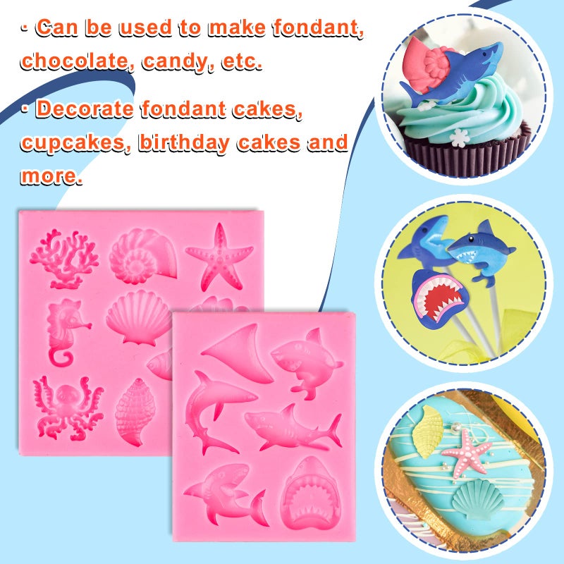 Whaline 2 Pack Ocean Shark Fondant Mold Mini Silicone Sea Animal Mould Shell Starfish Octopus Turtle Chocolate Candy Mold for Cupcake Cake Topper Decoration Supplies Soap Resin Summer Theme Party - Image 4