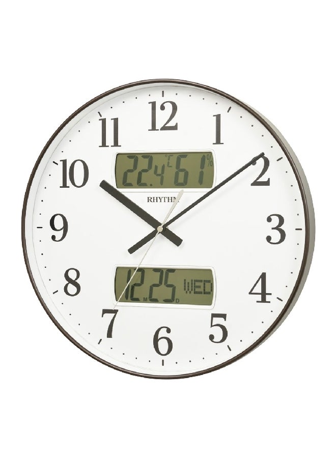 Rhythm Silent Silky Move Round Quartz Movement Wall Clock with LCD Display Brown and White 36 cm CFG724NR06 - Image 1