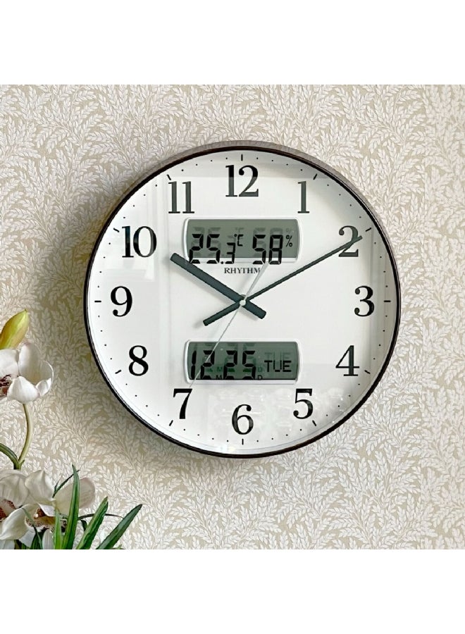 Rhythm Silent Silky Move Round Quartz Movement Wall Clock with LCD Display Brown and White 36 cm CFG724NR06 - Image 3