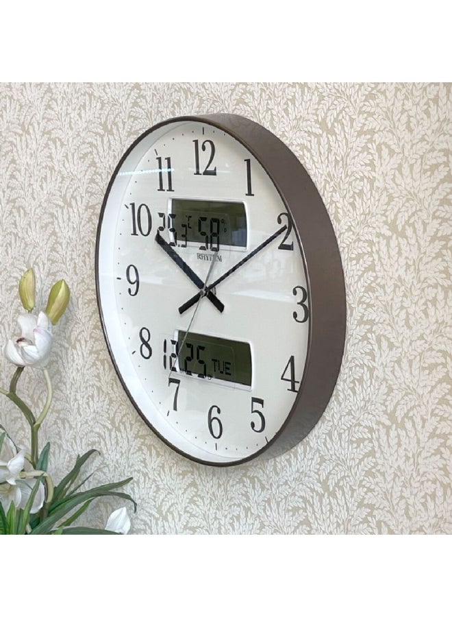 Rhythm Silent Silky Move Round Quartz Movement Wall Clock with LCD Display Brown and White 36 cm CFG724NR06 - Image 4