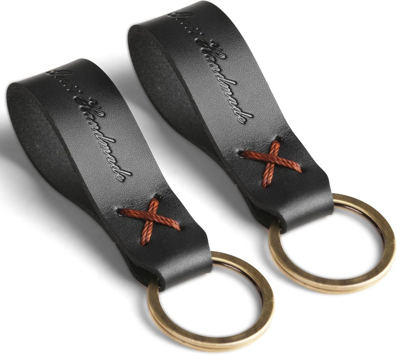 Handmade Genuine Leather Car Keychain 2 Pack, Metal key rings for car keys or Home Keys, Car Accessory for Men and Women - Image 1