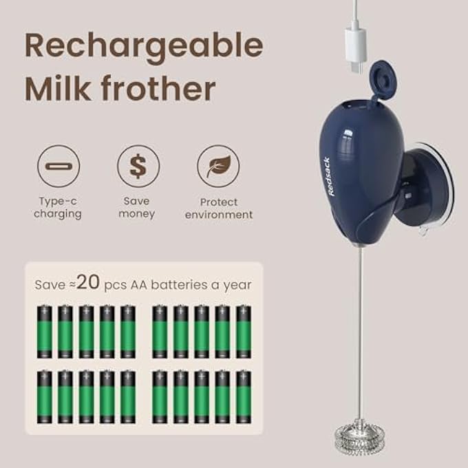 ردساک خلاط حليب محمول قابل لإعادة الشحن عبر USB، مقاوم للماء، رغوة حليب أوتوماتيكية، خلاط مشروبات القهوة بنقرة واحدة، عمود مزدوج الطبقات، حقيبة سفر مثبتة على الحائط، كوب شفط، خفاقة كهربائية للشاي الأخضر، أزرق داكن - Image 4