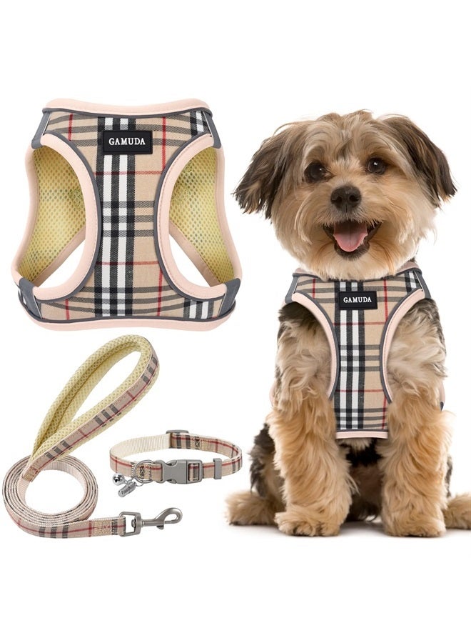 GAMUDA Small Pet Harness Collar and Leash Set, Step in No Chock No Pull Soft Mesh Adjustable Dog Vest Harnesses Plaid Reflective for Dogs Puppy and Cats Outdoor Training and Running (Pink, S) - Image 1
