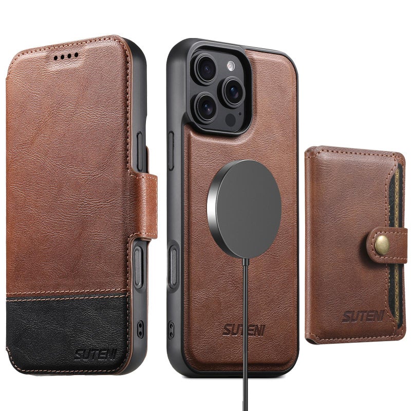 Suteni For Iphone 12 Pro Max Q06S1 3-In-1 Splicing Detachable Wallet Magsafe Leather Phone Case(Brown) - Image 1
