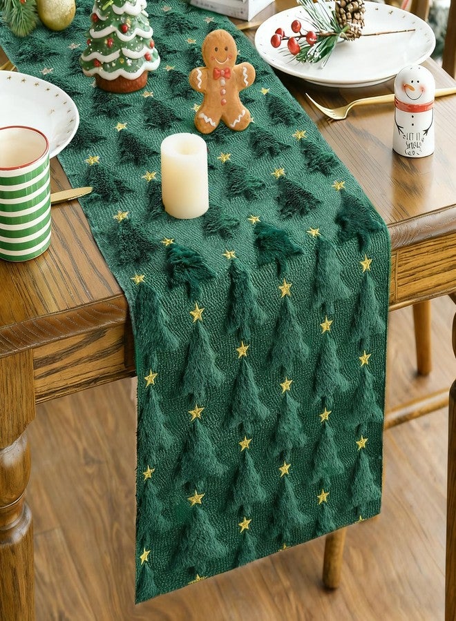 Apear1 Christmas Table Runner, Xmas Trees Star Green Soft Plush Faux Fur Jacquard Kitchen Dining Table Decoration for Farmhouse Home Party Decor 13x72 Inch (Green A, 13" x 72") - Image 1