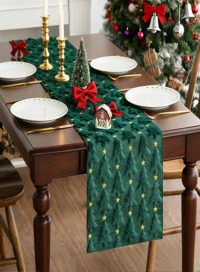 Apear1 Christmas Table Runner, Xmas Trees Star Green Soft Plush Faux Fur Jacquard Kitchen Dining Table Decoration for Farmhouse Home Party Decor 13x72 Inch (Green A, 13" x 72") - Image 3