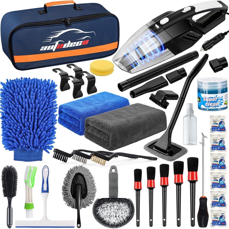 AUTODECO مجموعة أدوات تنظيف السيارات مكونة من 39 قطعة، تشمل منظفًا للتفاصيل الداخلية، مكنسة كهربائية يدوية عالية القوة، مجموعة فرش، أداة لتنظيف الزجاج الأمامي، جل لتنظيف الزجاج، مكنسة غبار، مناديل، فرشاة للإطارات، أدوات كاملة لعناية بالسيارة، اللون أزرق. - Image 1