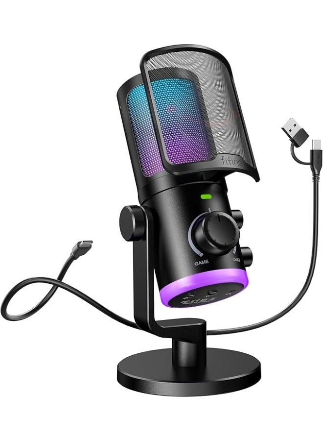 FIFINE Gaming PC Microphone, USB Streaming Microphone with Game Chat Balance, Computer Condenser Desktop RGB Mic with Mute Button, Noise Cancellation for Podcast/Twitch/Discord-AMPLIGAME AM6 - Image 1