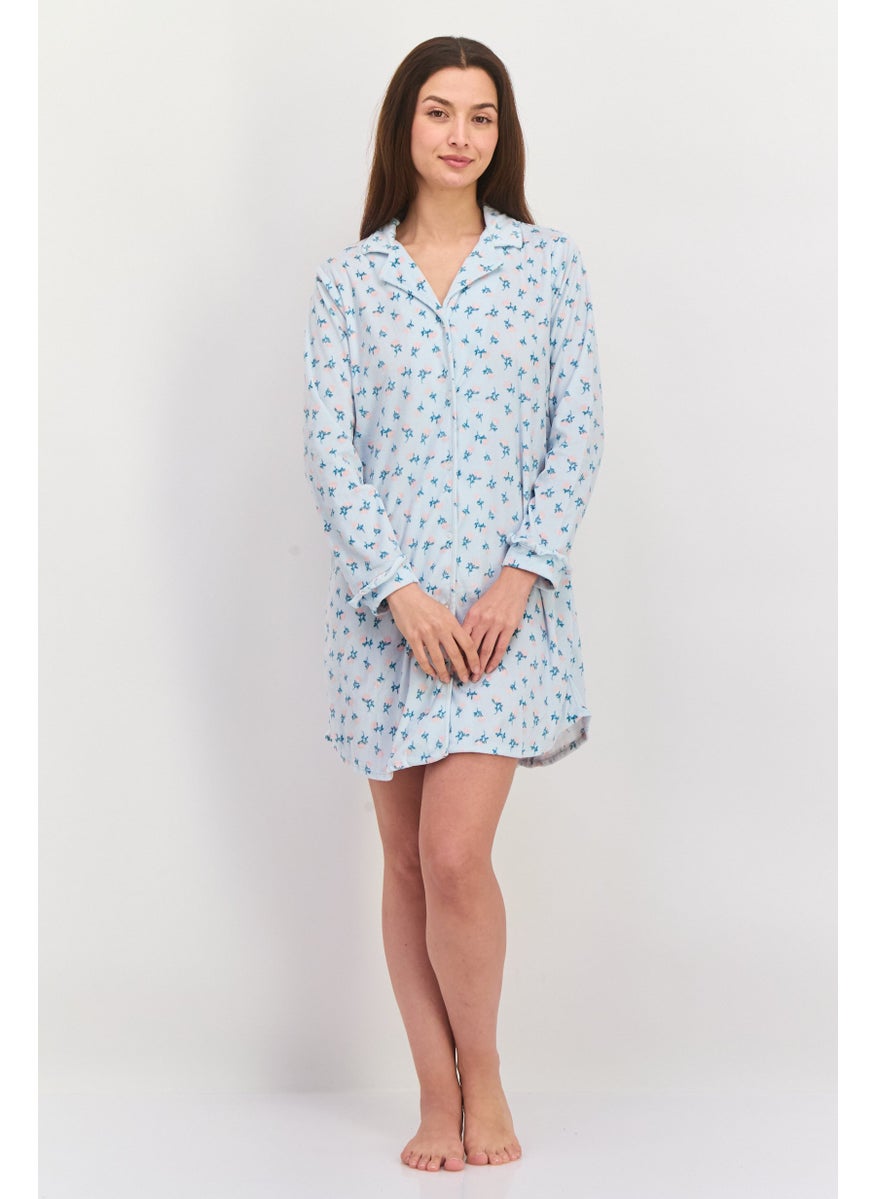 Celestial Dreams Women Floral Print Long Sleeve Sleep Shirt, Light Blue Combo  - Image 4
