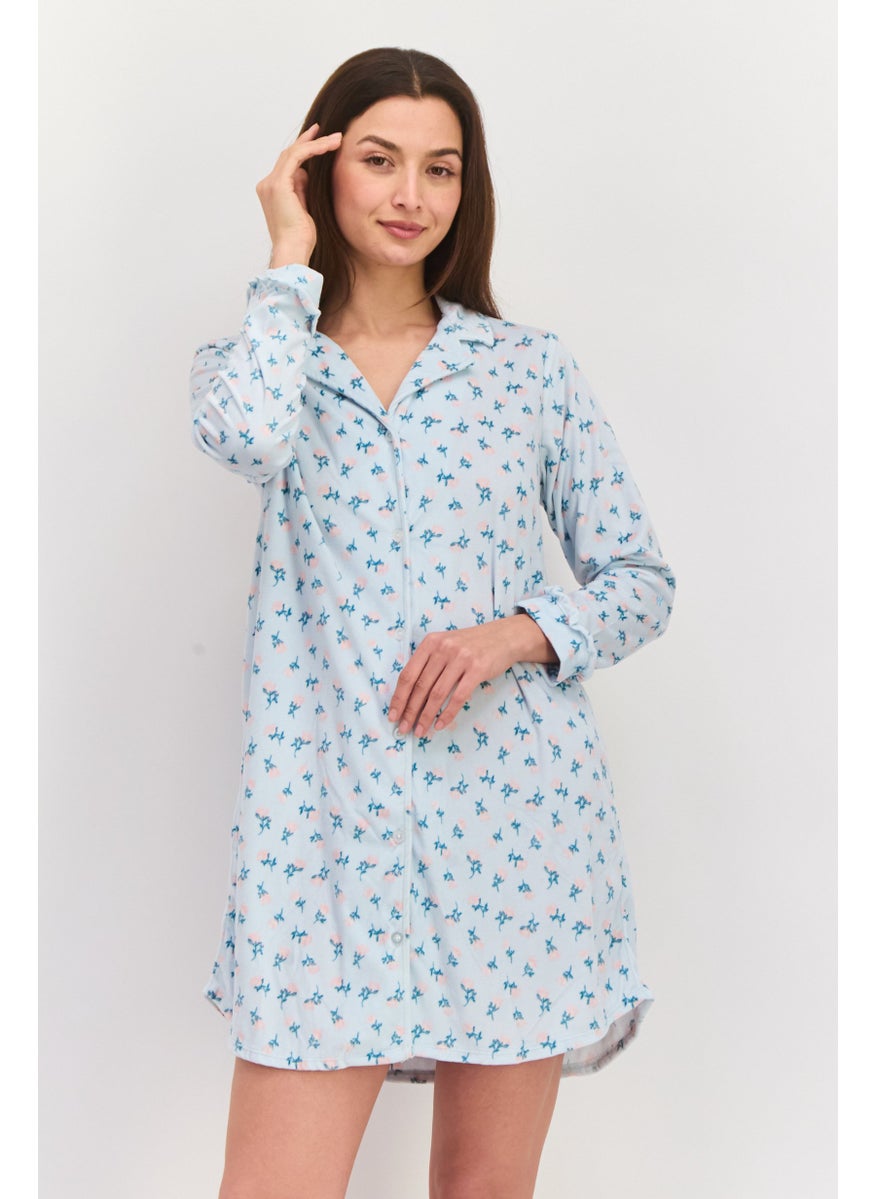 Celestial Dreams Women Floral Print Long Sleeve Sleep Shirt, Light Blue Combo  - Image 1