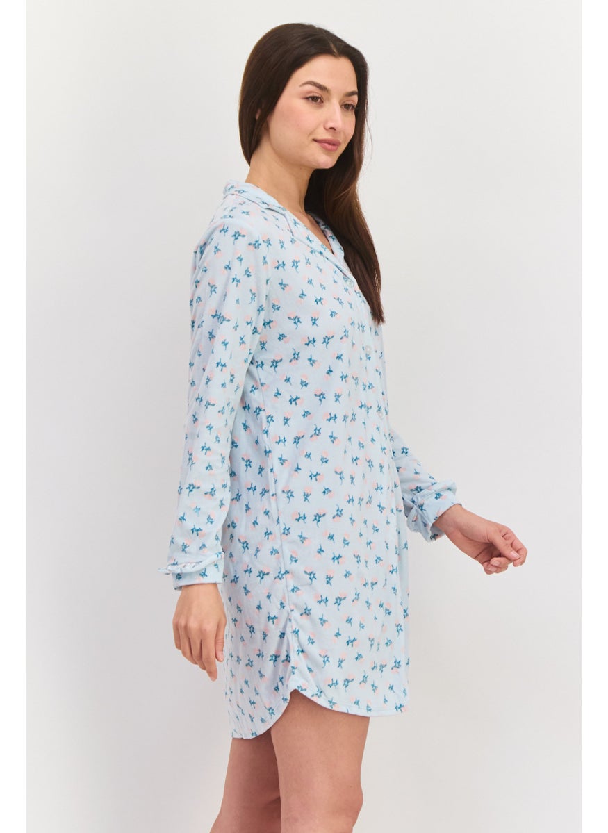 Celestial Dreams Women Floral Print Long Sleeve Sleep Shirt, Light Blue Combo  - Image 3