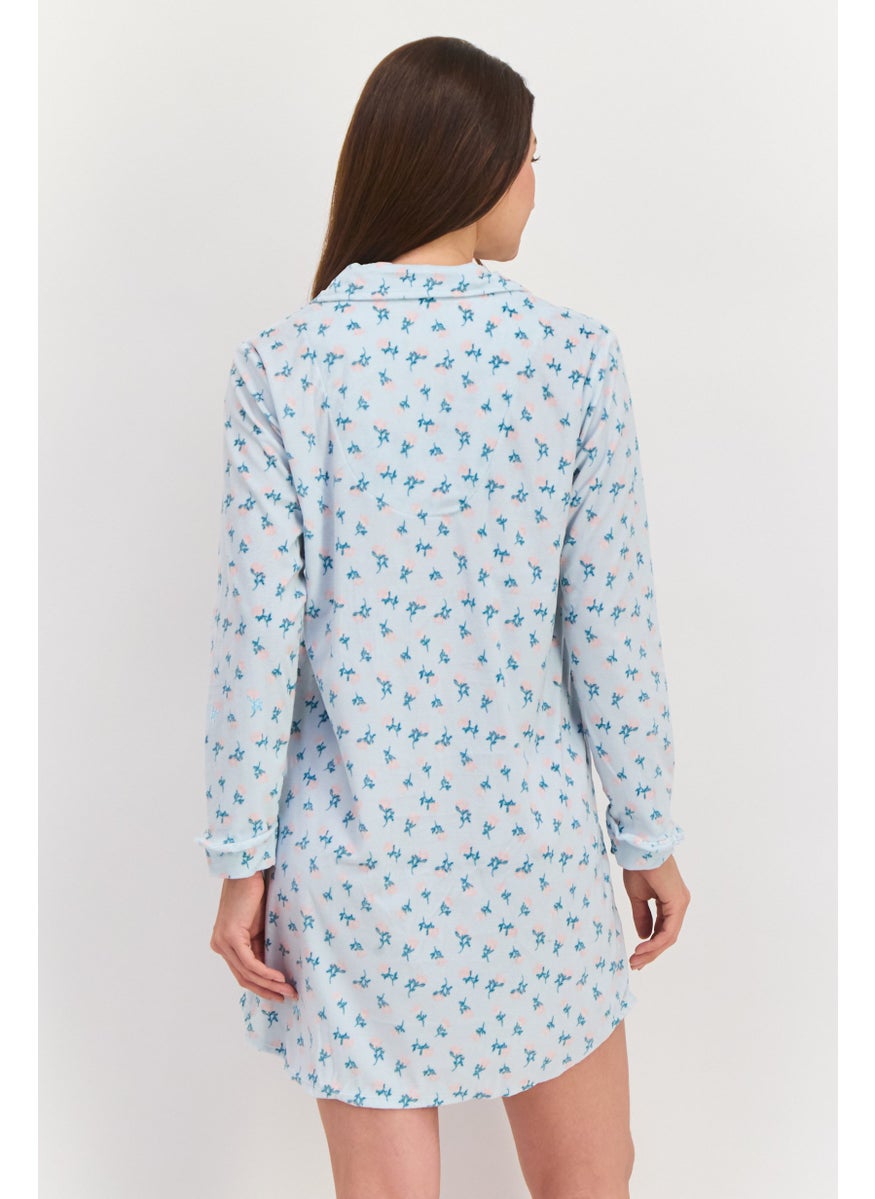 Celestial Dreams Women Floral Print Long Sleeve Sleep Shirt, Light Blue Combo  - Image 2