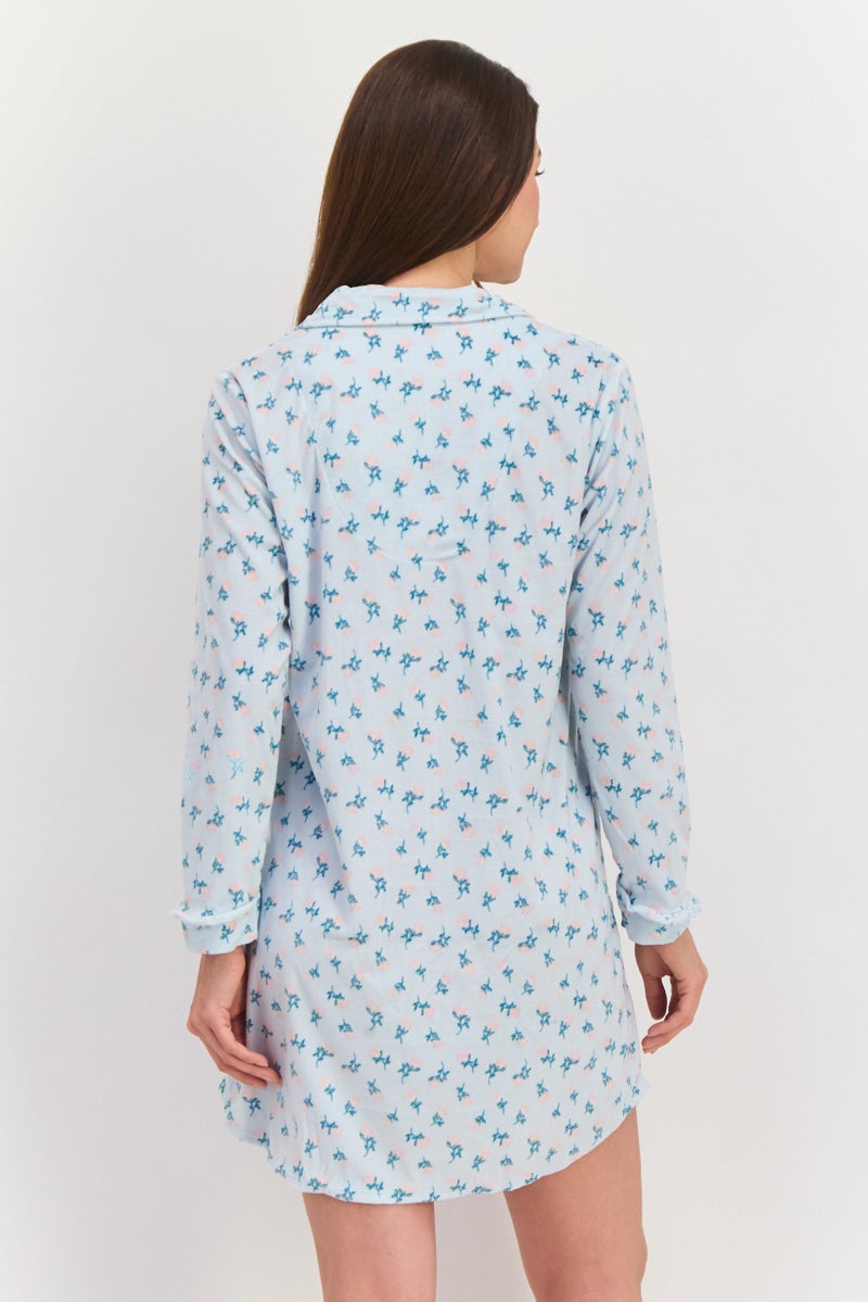 Celestial Dreams Women Floral Print Long Sleeve Sleep Shirt, Light Blue Combo - Image 2