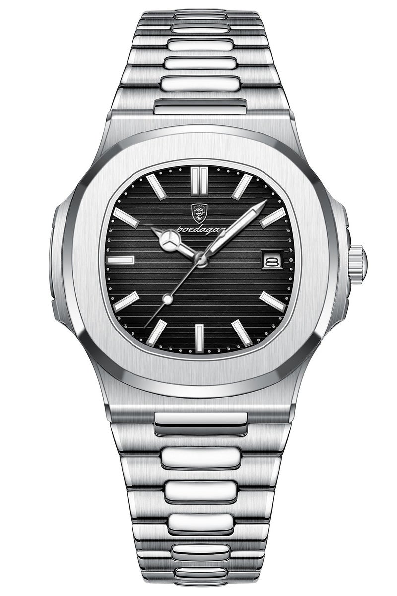 پوداجار ساعات رجالية كوارتز فاخرة عالية الجودة من الفولاذ المقاوم للصدأ | رياضية مقاومة للماء | تاريخ مضيء | شاشة مربعة ٤٠مم - Image 1