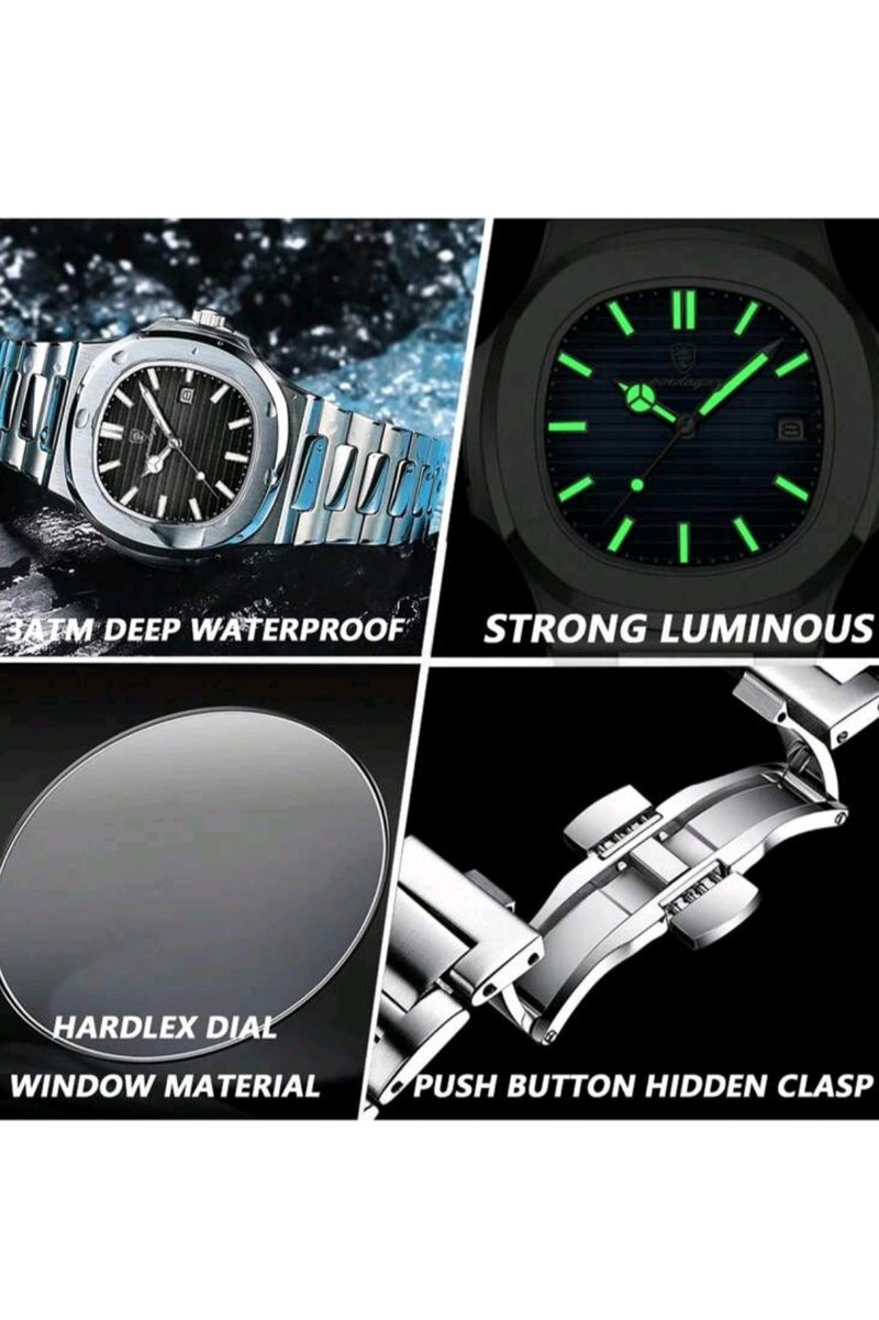 پوداجار ساعات رجالية كوارتز فاخرة عالية الجودة من الفولاذ المقاوم للصدأ | رياضية مقاومة للماء | تاريخ مضيء | شاشة مربعة ٤٠مم - Image 2