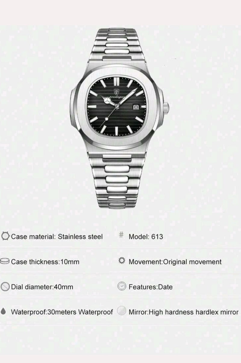 پوداجار ساعات رجالية كوارتز فاخرة عالية الجودة من الفولاذ المقاوم للصدأ | رياضية مقاومة للماء | تاريخ مضيء | شاشة مربعة ٤٠مم - Image 3