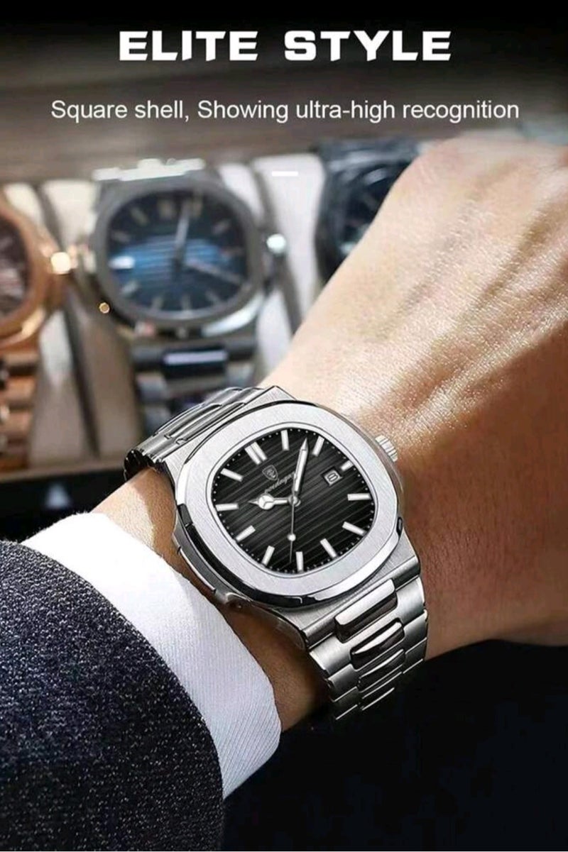 پوداجار ساعات رجالية كوارتز فاخرة عالية الجودة من الفولاذ المقاوم للصدأ | رياضية مقاومة للماء | تاريخ مضيء | شاشة مربعة ٤٠مم - Image 4