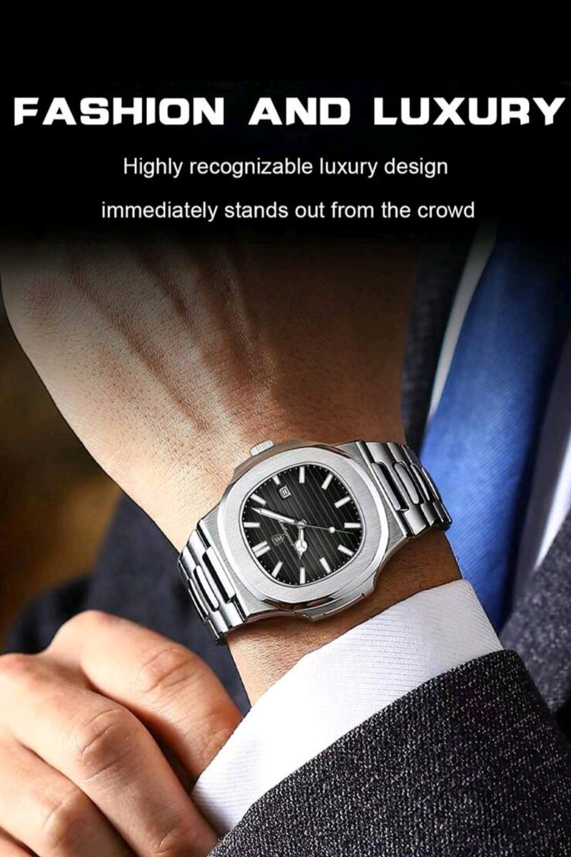 پوداجار ساعات رجالية كوارتز فاخرة عالية الجودة من الفولاذ المقاوم للصدأ | رياضية مقاومة للماء | تاريخ مضيء | شاشة مربعة ٤٠مم - Image 5