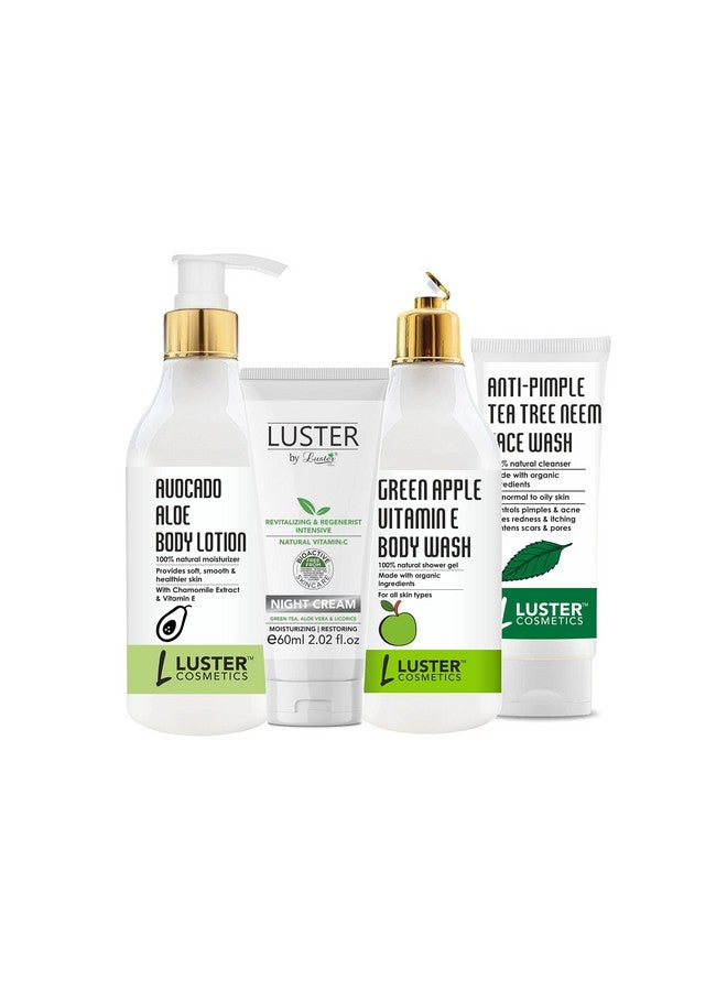 Luster Cosmetics Combo Pack | Avocado Aloe Body Lotion-300ml| Night Cream-60ml | Green Apple Body Wash-300ml | Anti Pimple Tea Tree Neem Face Wash-100ml | Paraben Free - Image 1