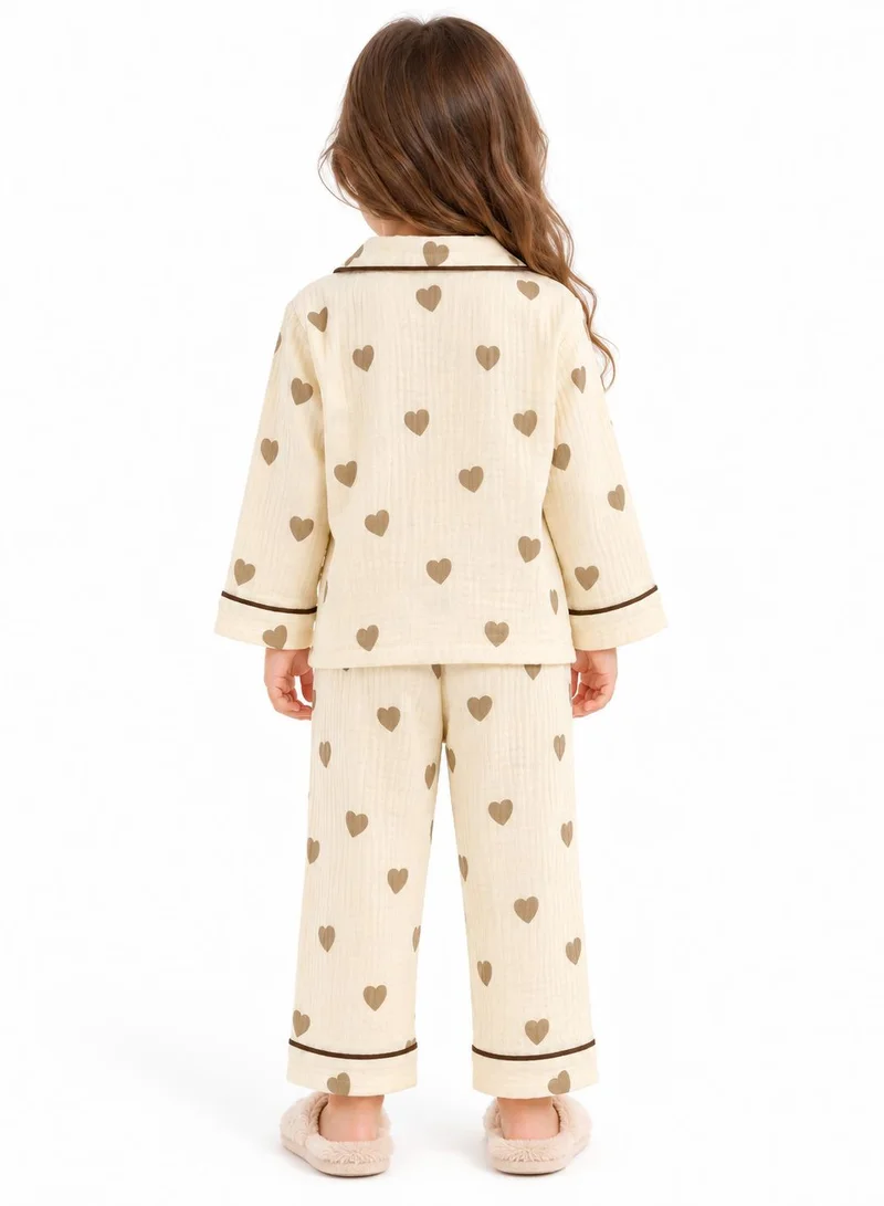 Babyqlo Girls Beige Heart Print Muslin Cotton Nightwear Set
