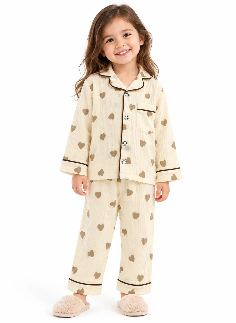 Babyqlo Girls Beige Heart Print Muslin Cotton Nightwear Set