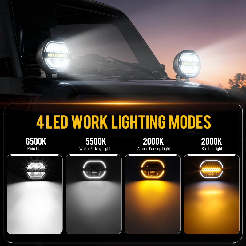 Partsam 5 Inch 156W Round Offroad Lights, 16000LM LED Driving Lights Pods with Strobe Light White Amber Parking Light Spotlight Lighting with Protective Covers for Truck Pickup, IP69 - Image 2