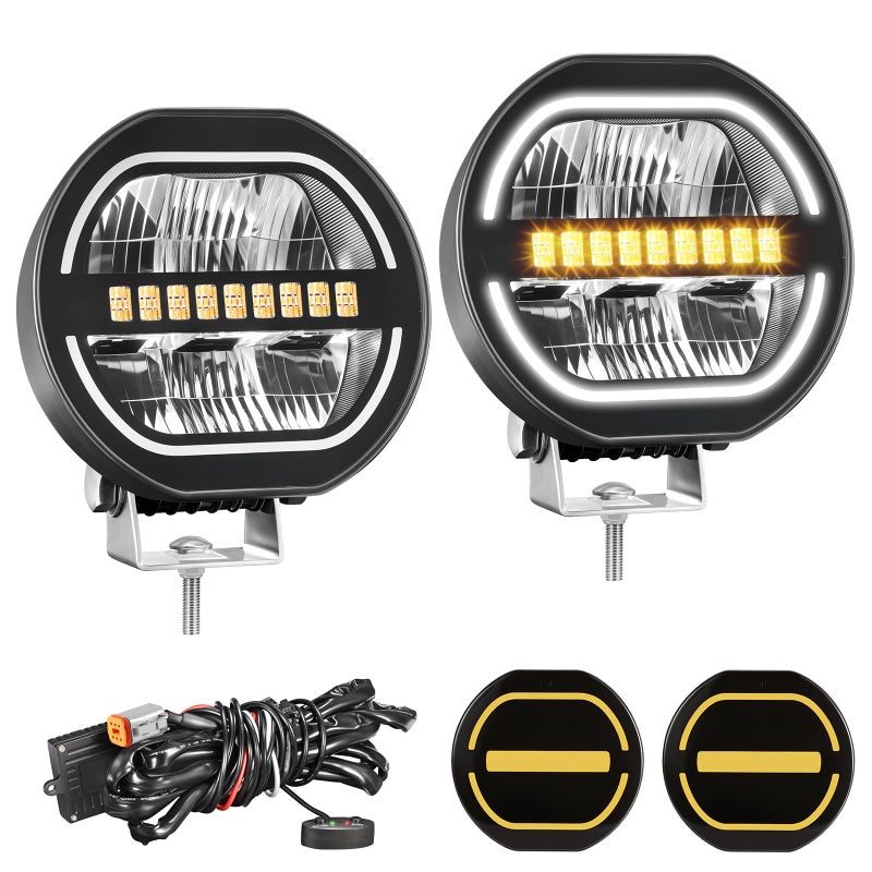 Partsam 5 Inch 156W Round Offroad Lights, 16000LM LED Driving Lights Pods with Strobe Light White Amber Parking Light Spotlight Lighting with Protective Covers for Truck Pickup, IP69 - Image 1