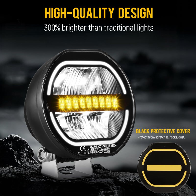 Partsam 5 Inch 156W Round Offroad Lights, 16000LM LED Driving Lights Pods with Strobe Light White Amber Parking Light Spotlight Lighting with Protective Covers for Truck Pickup, IP69 - Image 4