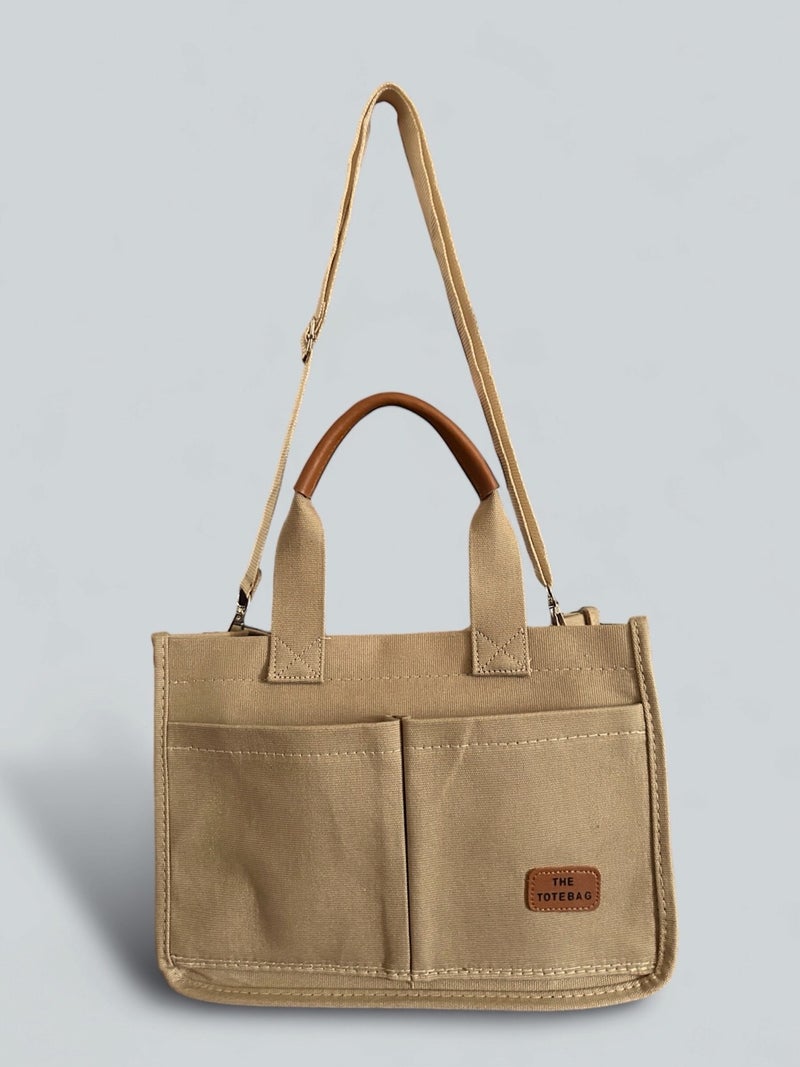 Gabiess Women Canvas Fabric Beige Color Two Piece Front Pocket Tote Bag Hand and Shoulder Bag  - Image 2