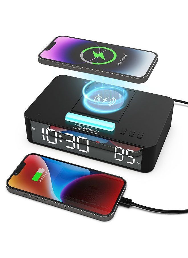 Multifunctional LED Mirror Digital Alarm Clock Desktop Electronic Clock with RGB Ambient Light Snooze Mode Temperature Display 10W Wireless Charging Function Replacement
