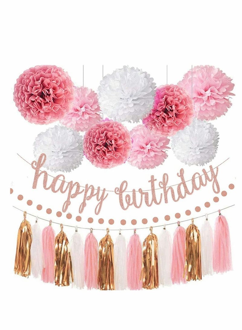 KASTWAVE Pink Rose Gold Birthday Party Decorations Set, Rose Gold Glittery Happy Birthday Banner, Tissue Paper Pom, Circle Dots Garland and Tassel Garland for Birthday Party Decorations - Image 1