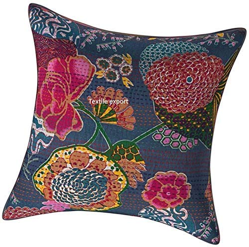Textile Export TextileExport Kantha Embroidery Cushion Cover, 16x16-inch (Grey, Multicolour) - Set of 1 - Image 5
