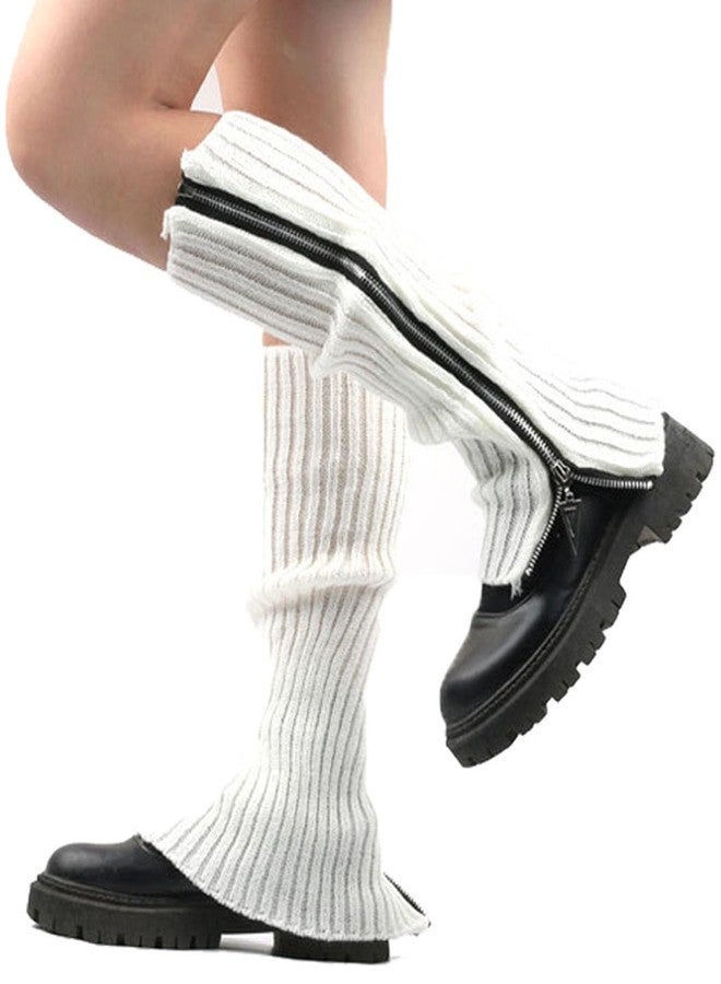 Urieo Zipper Warm Leg Warmers White Knitted Long Footless Socks Winter Boot Cuffs Christmas Knit Leg Sleeves for Women - Image 1